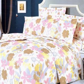 Blancho Bedding - [Pink Brown Flowers] 100% Cotton 4PC Duvet Cover Set (Full Size)(Comforter not included)