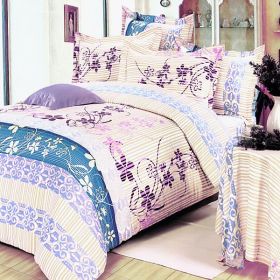 Blancho Bedding - [Striped Orchid] 100% Cotton 4PC Duvet Cover Set (Queen Size)(Comforter not included)